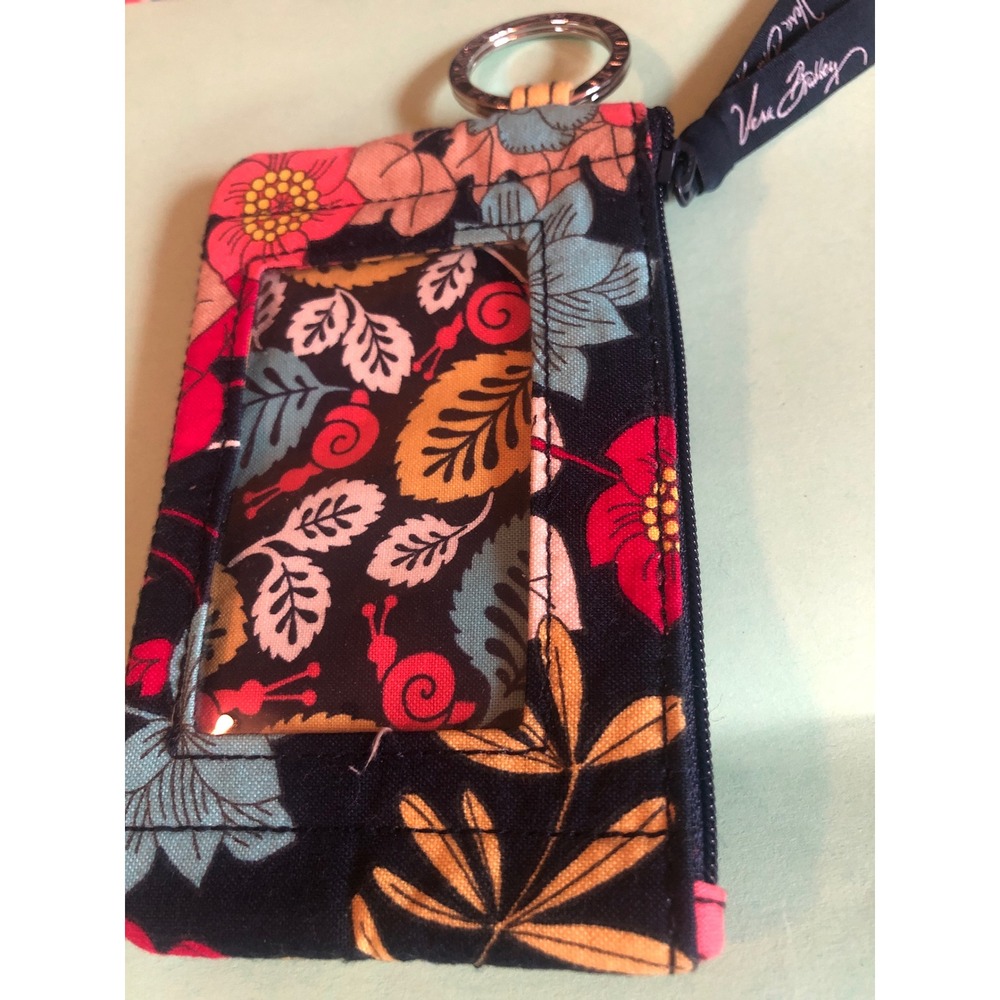 Vera Bradley Snails Garden Zip ID Case Wallet Keychain Floral Blue Pink Black